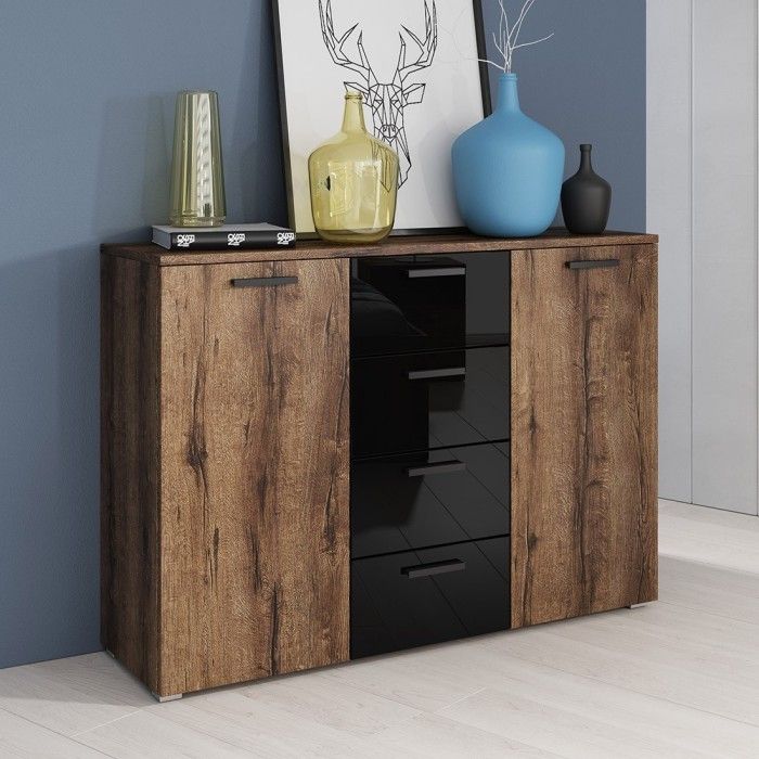 Chambre à coucher FLOYD : Armoire 220cm, Lit 140x200, commode, chevets. Couleur chêne foncé et noir brillant