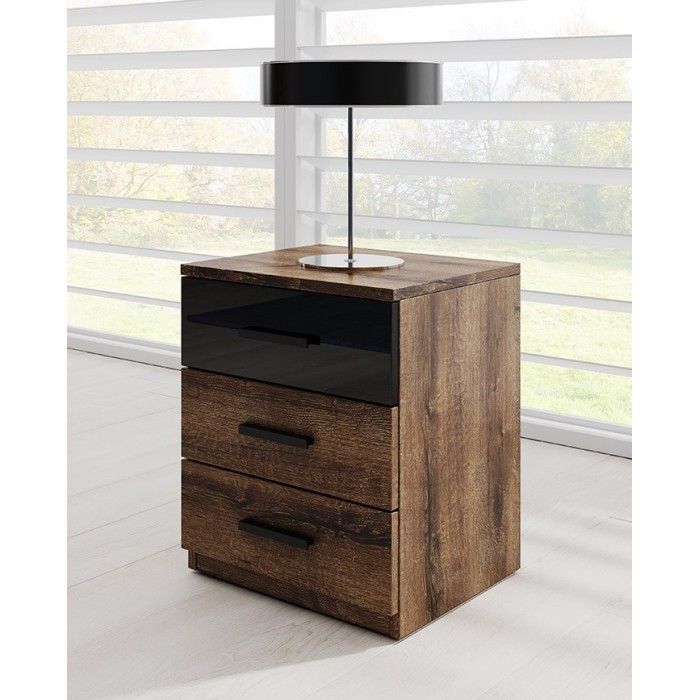 Chambre à coucher FLOYD : Armoire 220cm, Lit 140x200, commode, chevets. Couleur chêne foncé et noir brillant