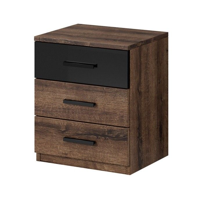 Chambre à coucher FLOYD : Armoire 220cm, Lit 140x200, commode, chevets. Couleur chêne foncé et noir brillant