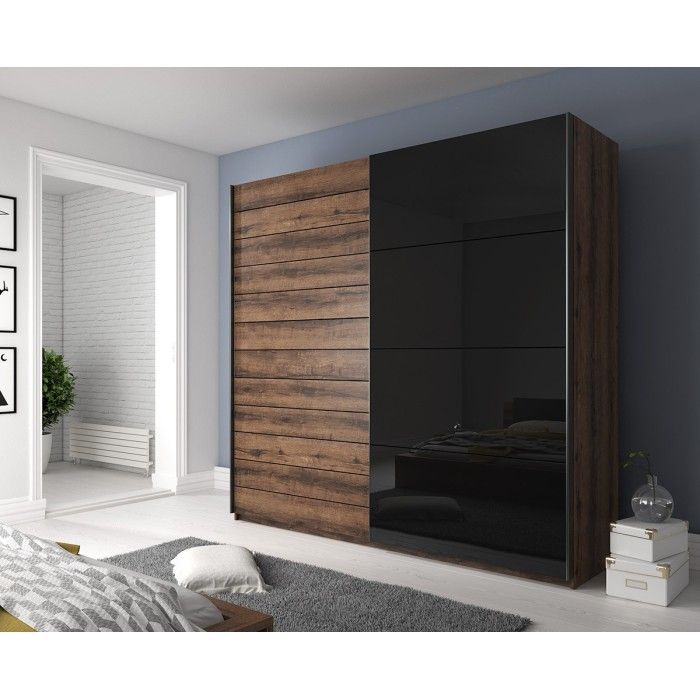 Chambre à coucher FLOYD : Armoire 220cm, Lit 140x200, commode, chevets. Couleur chêne foncé et noir brillant