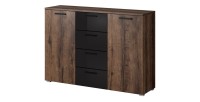 Chambre à coucher FLOYD : Armoire 220cm, Lit 160x200, commode, chevets. Couleur chêne foncé et noir brillant