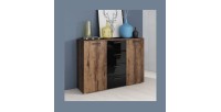 Chambre à coucher FLOYD : Armoire 220cm, Lit 160x200, commode, chevets. Couleur chêne foncé et noir brillant