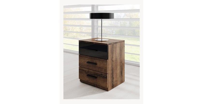 Chambre à coucher FLOYD : Armoire 220cm, Lit 160x200, commode, chevets. Couleur chêne foncé et noir brillant