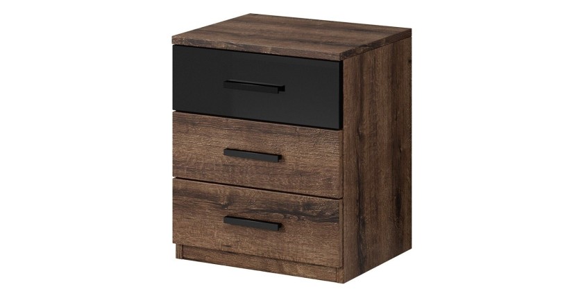 Chambre à coucher FLOYD : Armoire 220cm, Lit 160x200, commode, chevets. Couleur chêne foncé et noir brillant