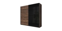 Chambre à coucher FLOYD : Armoire 220cm, Lit 160x200, commode, chevets. Couleur chêne foncé et noir brillant