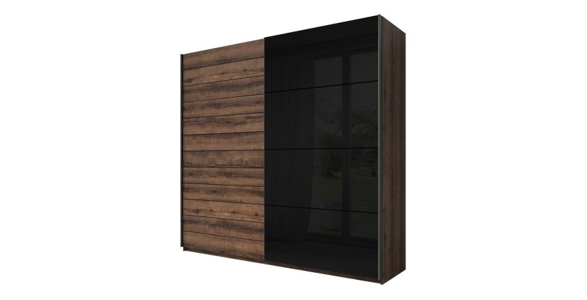 Chambre à coucher FLOYD : Armoire 220cm, Lit 160x200, commode, chevets. Couleur chêne foncé et noir brillant