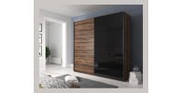 Chambre à coucher FLOYD : Armoire 220cm, Lit 160x200, commode, chevets. Couleur chêne foncé et noir brillant