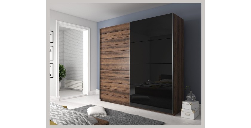 Chambre à coucher FLOYD : Armoire 220cm, Lit 160x200, commode, chevets. Couleur chêne foncé et noir brillant