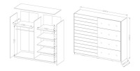 Chambre à coucher FLOYD : Armoire 220cm, Lit 160x200, commode, chevets. Couleur chêne foncé et noir brillant