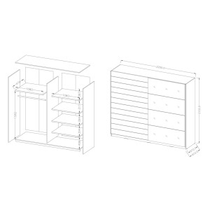 Chambre à coucher FLOYD : Armoire 220cm, Lit 160x200, commode, chevets. Couleur chêne foncé et noir brillant
