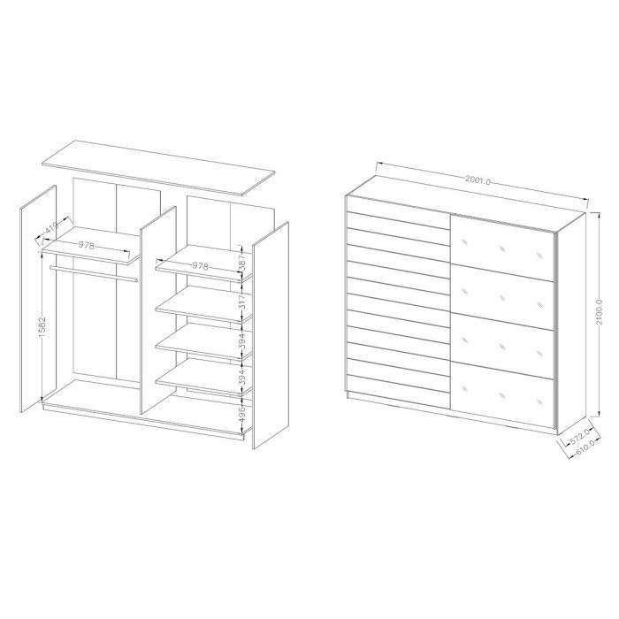 Chambre à coucher FLOYD : Armoire 200cm, Lit 140x200, commode, chevets. Coloris blanc effet bois.