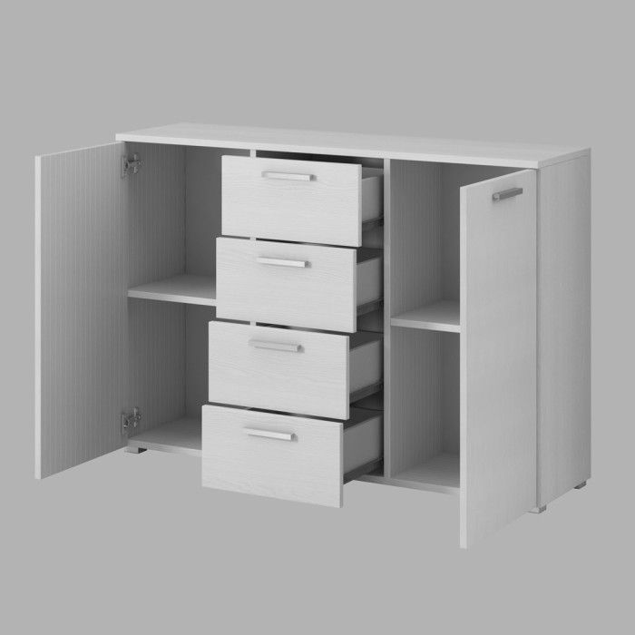 Chambre à coucher FLOYD : Armoire 200cm, Lit 140x200, commode, chevets. Coloris blanc effet bois.