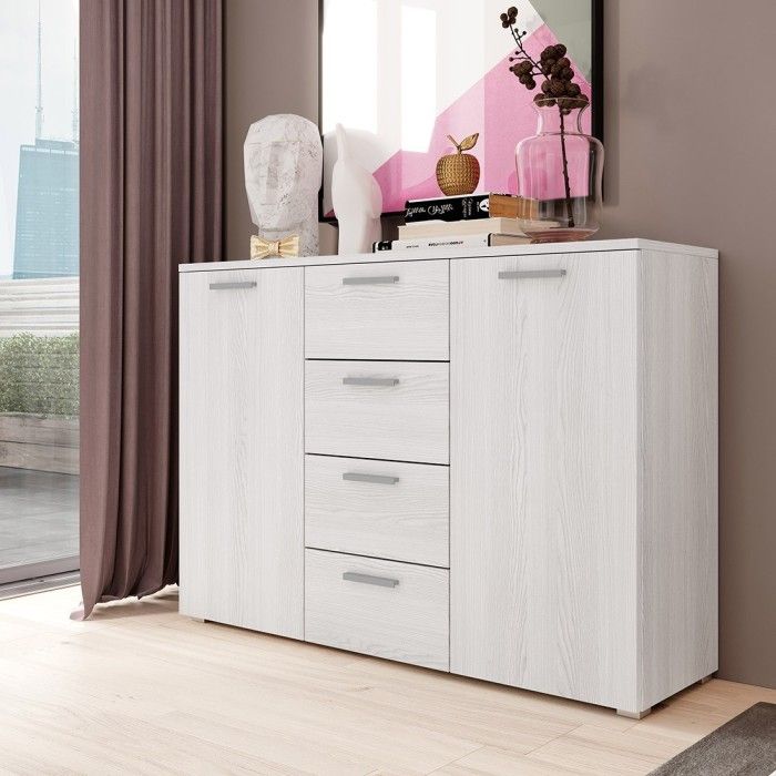 Chambre à coucher FLOYD : Armoire 200cm, Lit 140x200, commode, chevets. Coloris blanc effet bois.