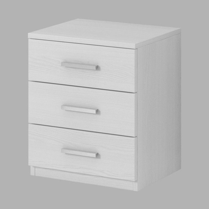 Chambre à coucher FLOYD : Armoire 200cm, Lit 140x200, commode, chevets. Coloris blanc effet bois.