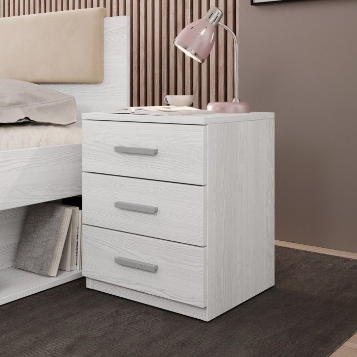 Chambre à coucher FLOYD : Armoire 200cm, Lit 140x200, commode, chevets. Coloris blanc effet bois.