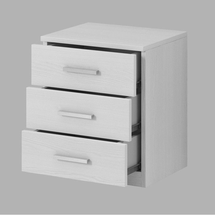 Chambre à coucher FLOYD : Armoire 200cm, Lit 140x200, commode, chevets. Coloris blanc effet bois.