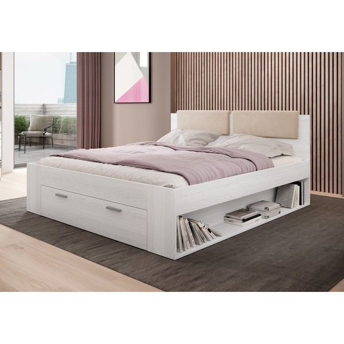 Chambre à coucher FLOYD : Armoire 200cm, Lit 140x200, commode, chevets. Coloris blanc effet bois.