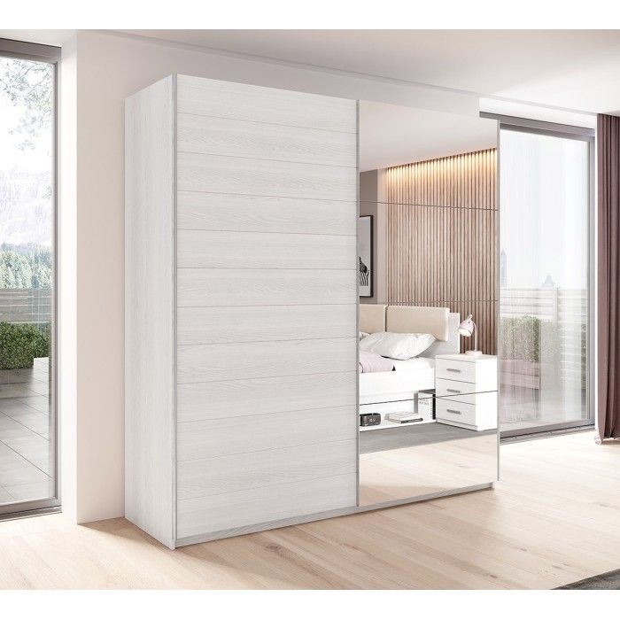 Chambre à coucher FLOYD : Armoire 200cm, Lit 140x200, commode, chevets. Coloris blanc effet bois.