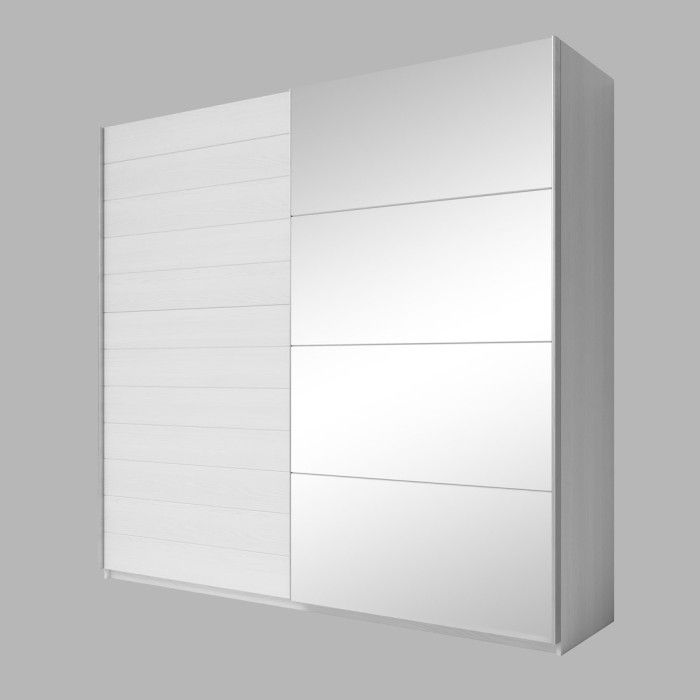 Chambre à coucher FLOYD : Armoire 200cm, Lit 140x200, commode, chevets. Coloris blanc effet bois.