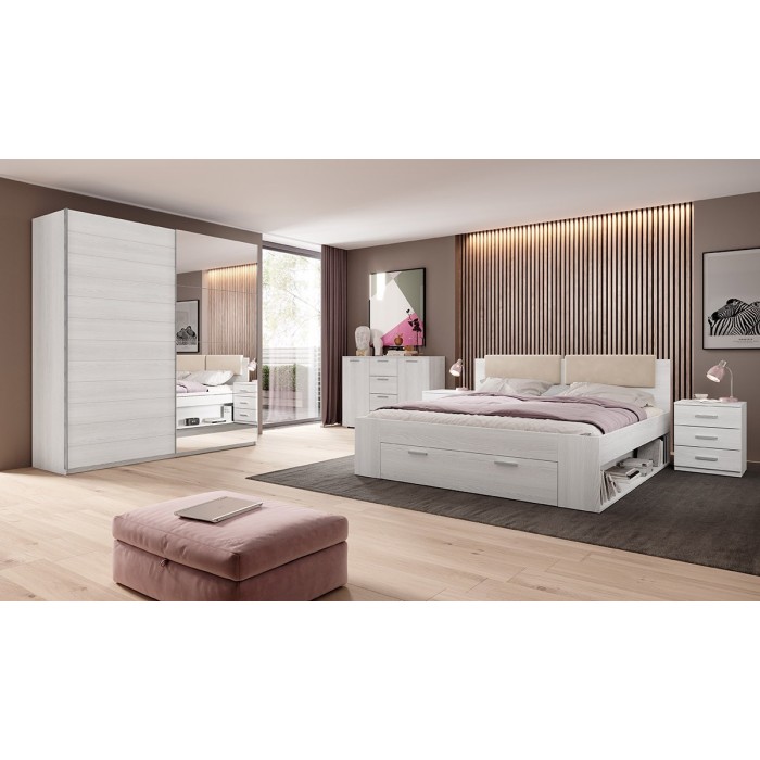 Chambre à coucher FLOYD : Armoire 220cm, Lit 140x200, commode, chevets. Coloris blanc effet bois.