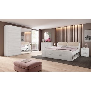 Chambre à coucher FLOYD : Armoire 220cm, Lit 140x200, commode, chevets. Coloris blanc effet bois.