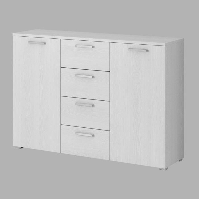 Chambre à coucher FLOYD : Armoire 220cm, Lit 140x200, commode, chevets. Coloris blanc effet bois.
