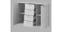 Chambre à coucher FLOYD : Armoire 220cm, Lit 160x200, commode, chevets. Coloris blanc effet bois.