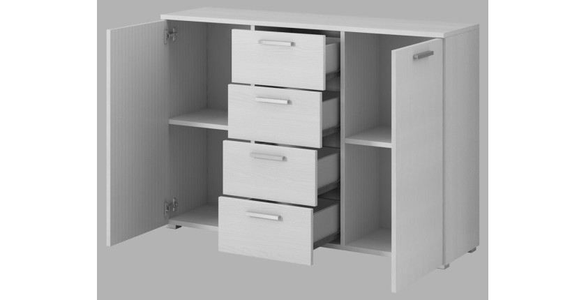 Chambre à coucher FLOYD : Armoire 220cm, Lit 160x200, commode, chevets. Coloris blanc effet bois.
