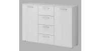 Chambre à coucher FLOYD : Armoire 220cm, Lit 160x200, commode, chevets. Coloris blanc effet bois.