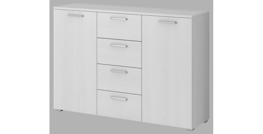 Chambre à coucher FLOYD : Armoire 220cm, Lit 160x200, commode, chevets. Coloris blanc effet bois.