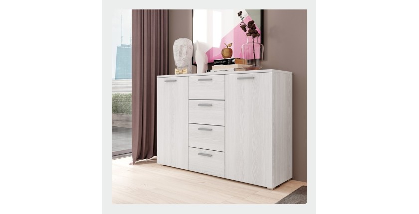 Chambre à coucher FLOYD : Armoire 220cm, Lit 160x200, commode, chevets. Coloris blanc effet bois.
