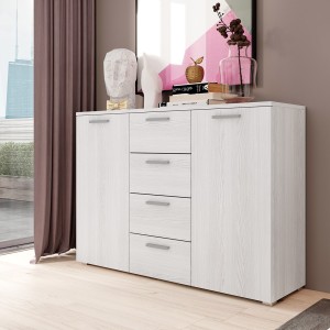 Chambre à coucher FLOYD : Armoire 220cm, Lit 160x200, commode, chevets. Coloris blanc effet bois.