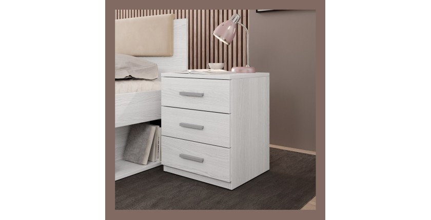 Chambre à coucher FLOYD : Armoire 220cm, Lit 160x200, commode, chevets. Coloris blanc effet bois.