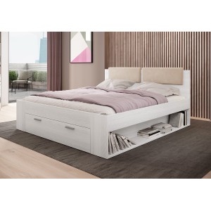 Chambre à coucher FLOYD : Armoire 220cm, Lit 160x200, commode, chevets. Coloris blanc effet bois.