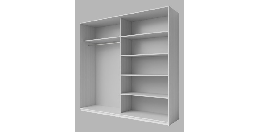 Chambre à coucher FLOYD : Armoire 220cm, Lit 160x200, commode, chevets. Coloris blanc effet bois.