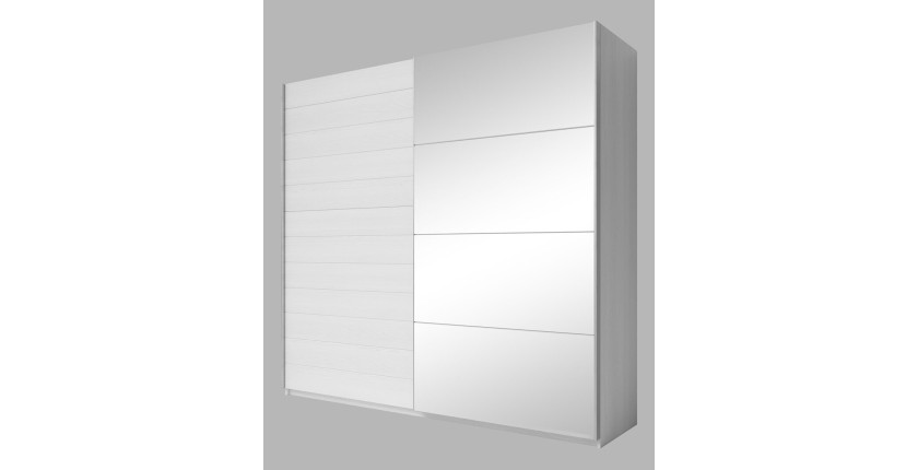 Chambre à coucher FLOYD : Armoire 220cm, Lit 160x200, commode, chevets. Coloris blanc effet bois.