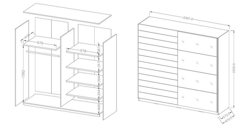 Chambre à coucher FLOYD : Armoire 200cm, Lit 180x200, commode, chevets. Coloris blanc effet bois.