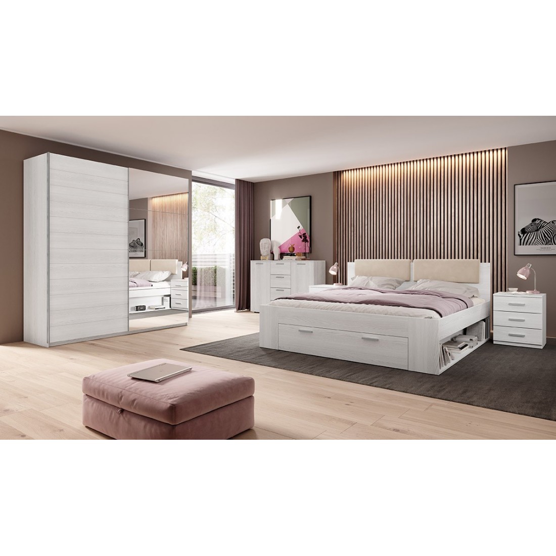 Chambre à coucher FLOYD : Armoire 200cm, Lit 180x200, commode, chevets. Coloris blanc effet bois.
