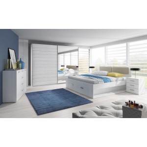Chambre à coucher FLOYD : Armoire 220cm, Lit 180x200, commode, chevets. Coloris blanc effet bois.