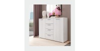 Chambre à coucher FLOYD : Armoire 220cm, Lit 180x200, commode, chevets. Coloris blanc effet bois.