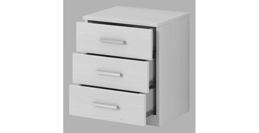 Chambre à coucher FLOYD : Armoire 220cm, Lit 180x200, commode, chevets. Coloris blanc effet bois.
