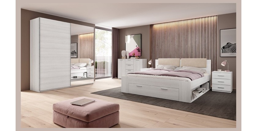 Chambre à coucher FLOYD : Armoire 220cm, Lit 180x200, commode, chevets. Coloris blanc effet bois.