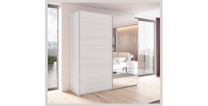 Chambre à coucher FLOYD : Armoire 220cm, Lit 180x200, commode, chevets. Coloris blanc effet bois.