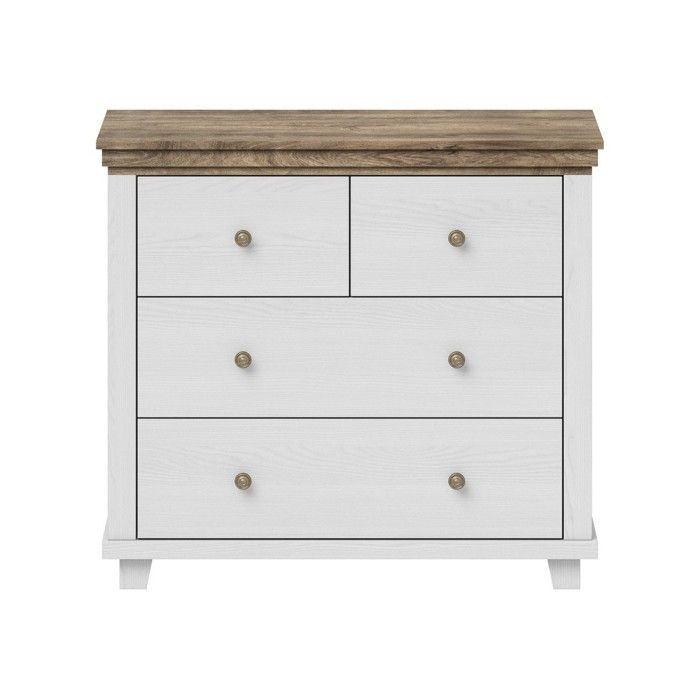 Chambre à coucher ASSIA : Armoire 150cm, Lit 180x200, commode, chevets. Coloris blanc et  chêne.
