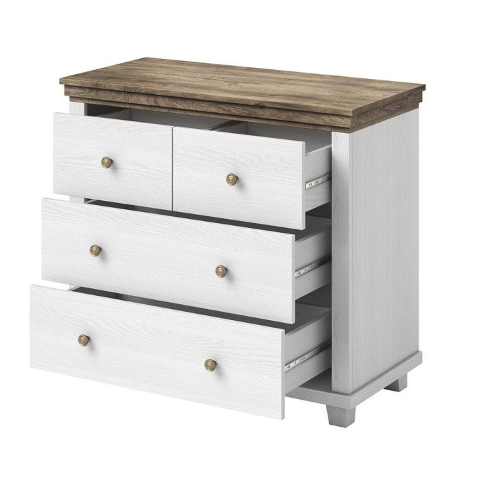 Chambre à coucher ASSIA : Armoire 150cm, Lit 180x200, commode, chevets. Coloris blanc et  chêne.