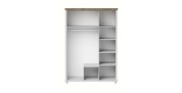 Chambre à coucher ASSIA : Armoire 150cm, Lit 180x200, commode, chevets. Coloris blanc et  chêne.