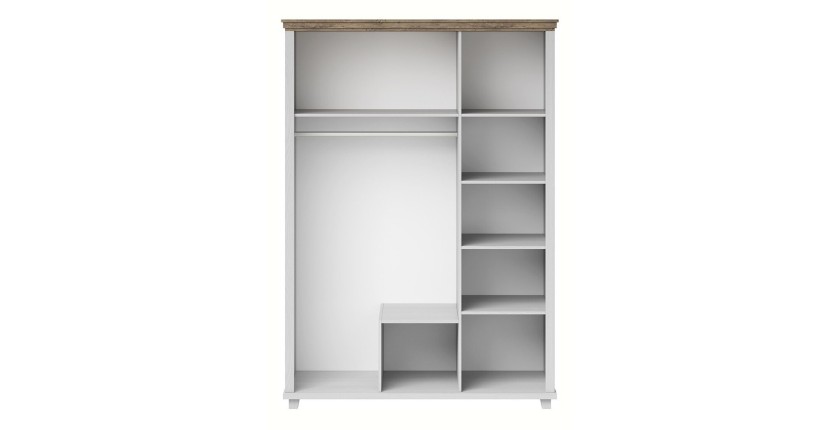 Chambre à coucher ASSIA : Armoire 150cm, Lit 180x200, commode, chevets. Coloris blanc et  chêne.