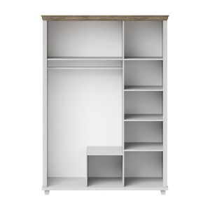Chambre à coucher ASSIA : Armoire 150cm, Lit 180x200, commode, chevets. Coloris blanc et  chêne.