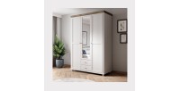 Chambre à coucher ASSIA : Armoire 150cm, Lit 180x200, commode, chevets. Coloris blanc et  chêne.