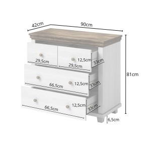 Chambre à coucher ASSIA : Armoire 150cm, Lit 180x200, commode, chevets. Coloris blanc et  chêne.